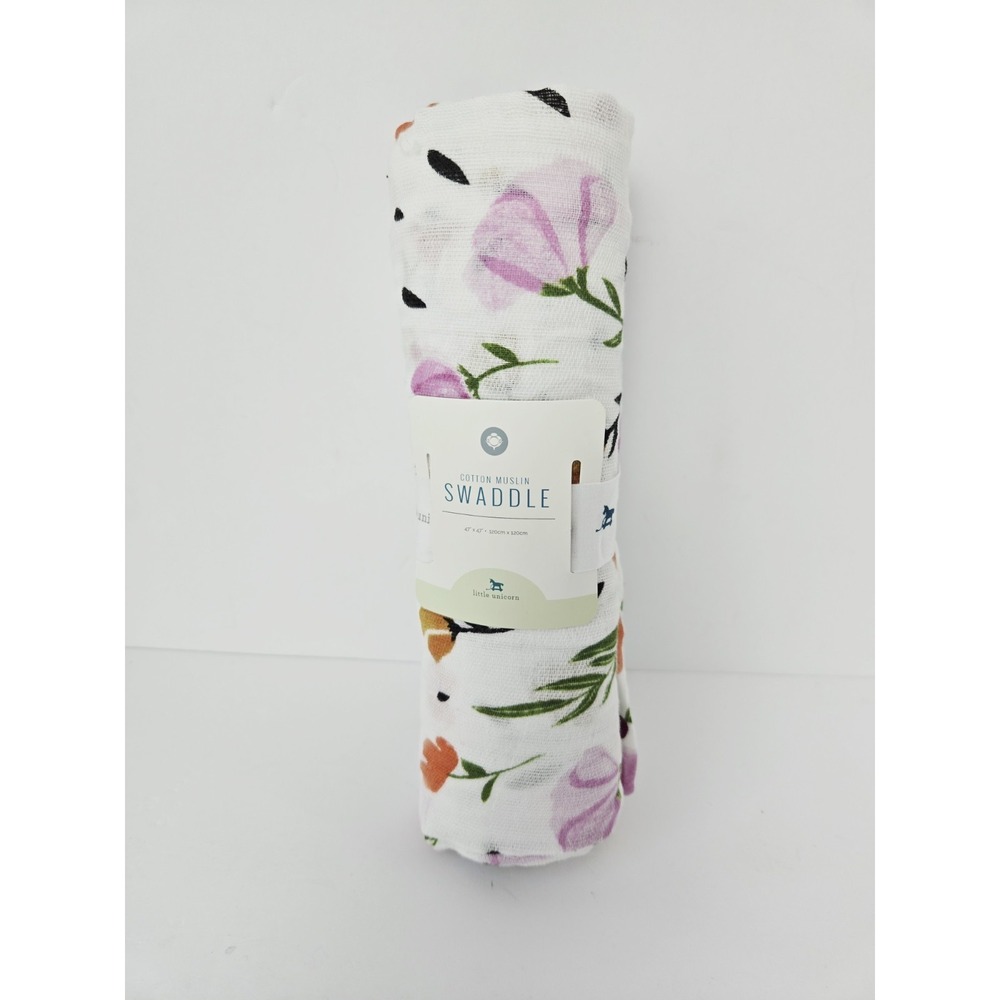 Little Unicorn Cotton Muslin Swaddle white floral NEW 47x47"
